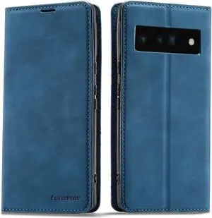 Case for Google Pixel 6 Pro 5G 6.71 inch Premium PU Leather Cover with Card Holder Kickstand Shockproof Flip Wallet Cover Blue
