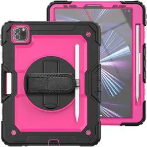 Case For iPad Pro 11 inch Case 2022 2021 2020 2018 and iPad Air 5 / Air 4 10.9 inch 2022 2020 Shockproof Protective Cover with Screen Protector/Kickstand/Hand &Shoulder Strap Rose Red