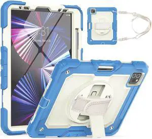 Case for iPad Pro 11 2022 2021 2020 2018 / iPad Air 4 / Air 5 10.9 Inch, 360° Rotating Kickstand Shockproof Cover with Built-in Screen Protector & Shoulder Strap & Pencil Holder