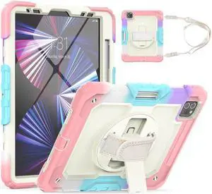 Case for iPad Pro 11 2022 2021 2020 2018 / iPad Air 4 / Air 5 10.9 Inch, 360° Rotating Kickstand Shockproof Cover with Built-in Screen Protector & Shoulder Strap & Pencil Holder Pink