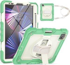 Case for iPad Pro 11 2022 2021 2020 2018 / iPad Air 4 / Air 5 10.9 Inch, 360° Rotating Kickstand Shockproof Cover with Built-in Screen Protector & Shoulder Strap & Pencil Holder Green