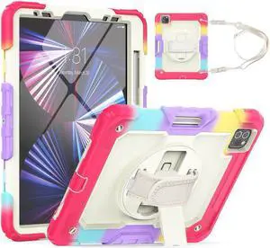 Case for iPad Pro 11 2022 2021 2020 2018 / iPad Air 4 / Air 5 10.9 Inch, 360° Rotating Kickstand Shockproof Cover with Built-in Screen Protector & Shoulder Strap & Pencil Holder Rainbow Red