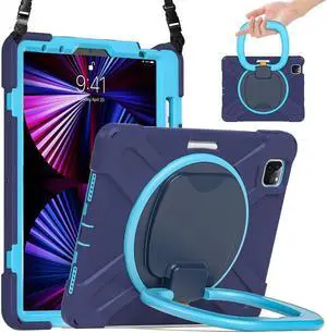 Case for iPad Pro 11 inch 2022 2021 2020 2018/ iPad Air 4 / Air 5 10.9 Inch, 360° Rotating Kickstand Shockproof Cover with Built-in Stand & Shoulder Strap & Pencil Holder Navy Blue