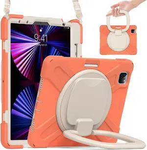Case for iPad Pro 11 inch 2022 2021 2020 2018/ iPad Air 4 / Air 5 10.9 Inch, 360° Rotating Kickstand Shockproof Cover with Built-in Stand & Shoulder Strap & Pencil Holder Orange