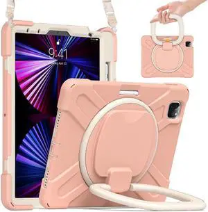 Case for iPad Pro 11 inch 2022 2021 2020 2018/ iPad Air 4 / Air 5 10.9 Inch, 360° Rotating Kickstand Shockproof Cover with Built-in Stand & Shoulder Strap & Pencil Holder Rose Gold