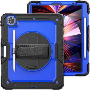 iPad Pro 12.9 inch Case 2022 2021 2020 2018 with Pencil Holder, Shockproof Cover with Built-in Screen Protector, Hand Strap, Shoulder Strap, Kickstand for iPad Pro 12.9" 6th 5th 4th 3rd Gen Blue