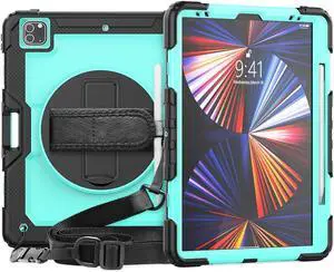 iPad Pro 12.9 inch Case 2022 2021 2020 2018 with Pencil Holder, Shockproof Cover with Built-in Screen Protector, Hand Strap, Shoulder Strap, Kickstand for iPad Pro 12.9" 6th 5th 4th 3rd Gen Light Blue