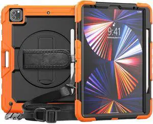 iPad Pro 12.9 inch Case 2022 2021 2020 2018 with Pencil Holder, Shockproof Cover with Built-in Screen Protector, Hand Strap, Shoulder Strap, Kickstand for iPad Pro 12.9" 6th 5th 4th 3rd Gen Orange