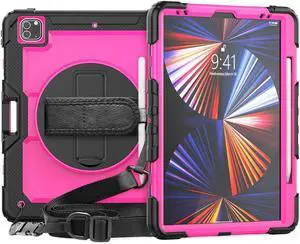 iPad Pro 12.9 inch Case 2022 2021 2020 2018 with Pencil Holder, Shockproof Cover with Built-in Screen Protector, Hand Strap, Shoulder Strap, Kickstand for iPad Pro 12.9" 6th 5th 4th 3rd Gen Rose Red