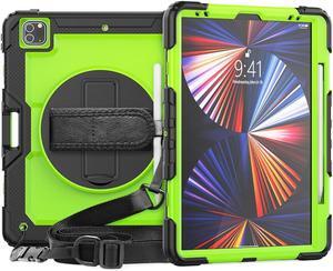 iPad Pro 12.9 inch Case 2022 2021 2020 2018 with Pencil Holder, Shockproof Cover with Built-in Screen Protector, Hand Strap, Shoulder Strap, Kickstand for iPad Pro 12.9" 6th 5th 4th 3rd Gen Green