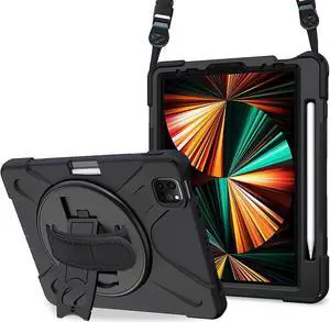 iPad Pro 12.9 Case 2022 2021, Shockproof Cover with Pencil Holder and Rotating Kickstand Hand Strap / Shoulder Strap For iPad Pro 12.9 inch 2022 2021 6th 5th Generation