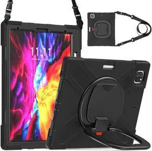 iPad Pro 12.9 inch Case 2022 2021 6th 5th Generation, Shockproof Rugged Drop Protection Cover with Pencil Holder and Rotating Kickstand Hand Strap / Shoulder Strap