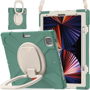 iPad Pro 12.9 inch Case 2022 2021 6th 5th Generation, Shockproof Rugged Drop Protection Cover with Pencil Holder and Rotating Kickstand Hand Strap / Shoulder Strap Dark Green