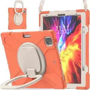 iPad Pro 12.9 inch Case 2022 2021 6th 5th Generation, Shockproof Rugged Drop Protection Cover with Pencil Holder and Rotating Kickstand Hand Strap / Shoulder Strap Orange