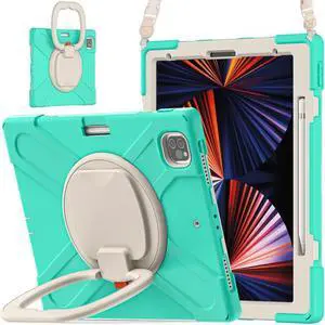 iPad Pro 12.9 inch Case 2022 2021 6th 5th Generation, Shockproof Rugged Drop Protection Cover with Pencil Holder and Rotating Kickstand Hand Strap / Shoulder Strap Mint Green
