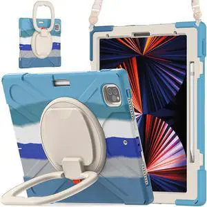 iPad Pro 12.9 inch Case 2022 2021 6th 5th Generation, Shockproof Rugged Drop Protection Cover with Pencil Holder and Rotating Kickstand Hand Strap / Shoulder Strap Blue/Blue