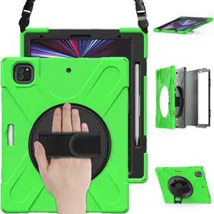 iPad Pro 12.9 Case 2022 2021, Shockproof Cover with Pencil Holder and Rotating Kickstand Hand Strap / Shoulder Strap For iPad Pro 12.9 inch 2022 2021 6th 5th Generation Green