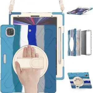 iPad Pro 12.9 Case 2022 2021, Shockproof Cover with Pencil Holder and Rotating Kickstand Hand Strap / Shoulder Strap For iPad Pro 12.9 inch 2022 2021 6th 5th Generation Blue/White