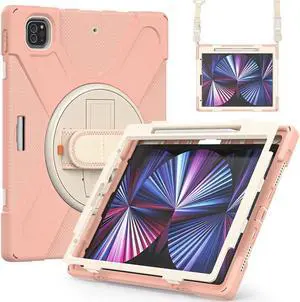 iPad Pro 12.9 Case 2022 2021, Shockproof Cover with Pencil Holder and Rotating Kickstand Hand Strap / Shoulder Strap For iPad Pro 12.9 inch 2022 2021 6th 5th Generation Rose Gold