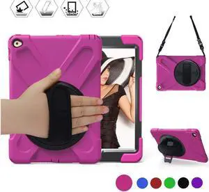 iPad Air 2 Case 9.7 Inch 2014 Case for iPad Model A1566 / A1567, 360 Degrees Built-in Stand Heavy Duty Hand&Shoulder Strap Full-Body Protective Case for iPad Air 2 Rose Red