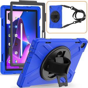 Case for Lenovo Tab M10 3rd Gen 10.1 inch 2022 Model TB-328FU TB-328XU with Pencil Holder, Kickstand, Hand & Shoulder Strap Shockproof Protective Cover Blue
