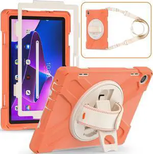 Case for Lenovo Tab M10 3rd Gen 10.1 inch 2022 Model TB-328FU TB-328XU with Pencil Holder, Kickstand, Hand & Shoulder Strap Shockproof Protective Cover Orange