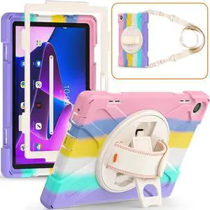 Case for Lenovo Tab M10 3rd Gen 10.1 inch 2022 Model TB-328FU TB-328XU with Pencil Holder, Kickstand, Hand & Shoulder Strap Shockproof Protective Cover Pink/White
