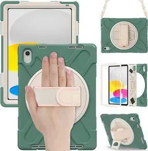 iPad 10th Generation Case 2022 10.9 Inch Model A2696 A2757 A2777 Shockproof Cover with Pencil Holder Stand Hand Strap Shoulder Belt Dark Green