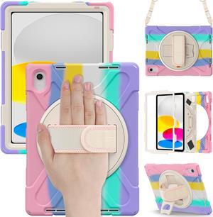 iPad 10th Generation Case 2022 10.9 Inch Model A2696 A2757 A2777 Shockproof Cover with Pencil Holder Stand Hand Strap Shoulder Belt Pink/White