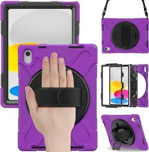 iPad 10th Generation Case 2022 10.9 Inch Model A2696 A2757 A2777 Shockproof Cover with Pencil Holder Stand Hand Strap Shoulder Belt Purple