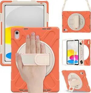 iPad 10th Generation Case 2022 10.9 Inch Model A2696 A2757 A2777 Shockproof Cover with Pencil Holder Stand Hand Strap Shoulder Belt Orange