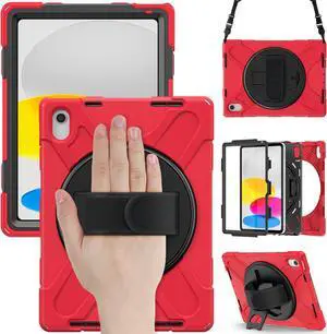 iPad 10th Generation Case 2022 10.9 Inch Model A2696 A2757 A2777 Shockproof Cover with Pencil Holder Stand Hand Strap Shoulder Belt Rose Red