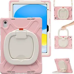 Case for iPad 10th Generation 2022 10.9 Inch Model A2696 A2757 A2777, Rugged Heavy Duty Case with Pencil Holder/360 Degree Kickstand/Hand Strap/Shoulder Strap Pink