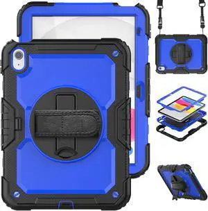 iPad 10th Generation Case 10.9 inch 2022 Case Heavy Duty Shockproof Rugged Protective Cover with Screen Protector Pencil Holder, Kickstand, Hand/Shoulder Strap Blue