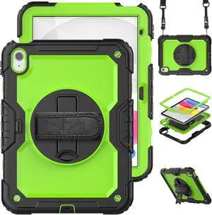 iPad 10th Generation Case 10.9 inch 2022 Case Heavy Duty Shockproof Rugged Protective Cover with Screen Protector Pencil Holder, Kickstand, Hand/Shoulder Strap Green