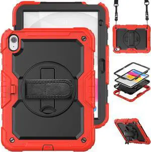 iPad 10th Generation Case 10.9 inch 2022 Case Heavy Duty Shockproof Rugged Protective Cover with Screen Protector Pencil Holder, Kickstand, Hand/Shoulder Strap Red