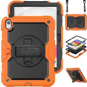 iPad 10th Generation Case 10.9 inch 2022 Case Heavy Duty Shockproof Rugged Protective Cover with Screen Protector Pencil Holder, Kickstand, Hand/Shoulder Strap Orange