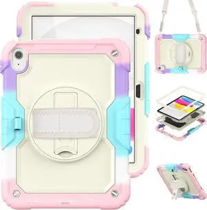 iPad 10th Generation Case 10.9 inch 2022 Case Heavy Duty Shockproof Rugged Protective Cover with Screen Protector Pencil Holder, Kickstand, Hand/Shoulder Strap Pink