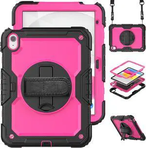 iPad 10th Generation Case 10.9 inch 2022 Case Heavy Duty Shockproof Rugged Protective Cover with Screen Protector Pencil Holder, Kickstand, Hand/Shoulder Strap Rose Red