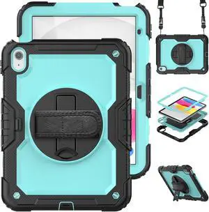 iPad 10th Generation Case 10.9 inch 2022 Case Heavy Duty Shockproof Rugged Protective Cover with Screen Protector Pencil Holder, Kickstand, Hand/Shoulder Strap Light Blue