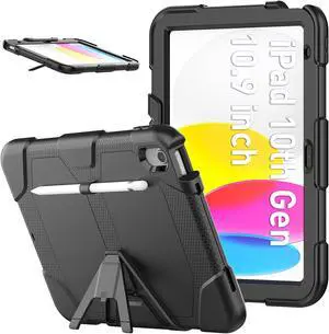 Case for iPad 10th Generation 2022 10.9 Inch Model A2696 A2757 A2777, Heavy Duty Rugged Shockproof Protective cover with Pencil Holder, Kickstand