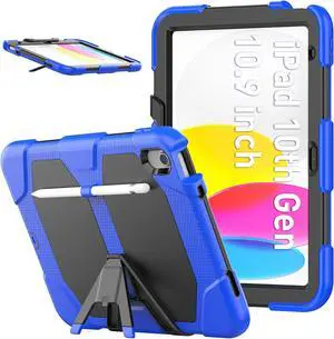 Case for iPad 10th Generation 2022 10.9 Inch Model A2696 A2757 A2777, Heavy Duty Rugged Shockproof Protective cover with Pencil Holder, Kickstand Blue