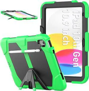 Case for iPad 10th Generation 2022 10.9 Inch Model A2696 A2757 A2777, Heavy Duty Rugged Shockproof Protective cover with Pencil Holder, Kickstand Green