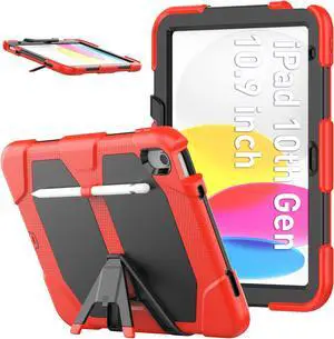 Case for iPad 10th Generation 2022 10.9 Inch Model A2696 A2757 A2777, Heavy Duty Rugged Shockproof Protective cover with Pencil Holder, Kickstand Red