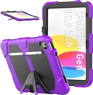 Case for iPad 10th Generation 2022 10.9 Inch Model A2696 A2757 A2777, Heavy Duty Rugged Shockproof Protective cover with Pencil Holder, Kickstand Purple
