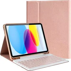 Keyboard Case for iPad 10th Generation 2022, Model A2696 A2757 A2777 Wireless Detachable Keyboard with Premium Protective Cover with Pencil Holder Pink