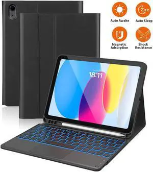 Touchpad Keyboard Case For iPad 10th Generation 10.9 inch 2022 with 7 Color Backlit, Multi-Touch Trackpad, Flip Stand Cover with Detachable Wireless Keyboard, Pencil Holder