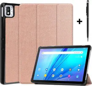 TCL Tab 10s 10.1 inch 9080G Case 2021, Trifold Slim Smart Stand Cover Hard Shell for 8.0" Nokia Tablet T10 2022 Release with Universal Stylus Pen Rose Gold