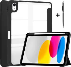 Case for New iPad 10th Generation 10.9 Inch 2022 with Pencil Holder / Universal Stylus Pen, Hybrid Slim Tri-fold Protective Stand Cover Smart Shell with Clear Back, Auto Wake/Sleep