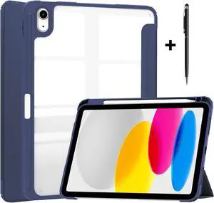 Case for New iPad 10th Generation 10.9 Inch 2022 with Pencil Holder / Universal Stylus Pen, Hybrid Slim Tri-fold Protective Stand Cover Smart Shell with Clear Back, Auto Wake/Sleep